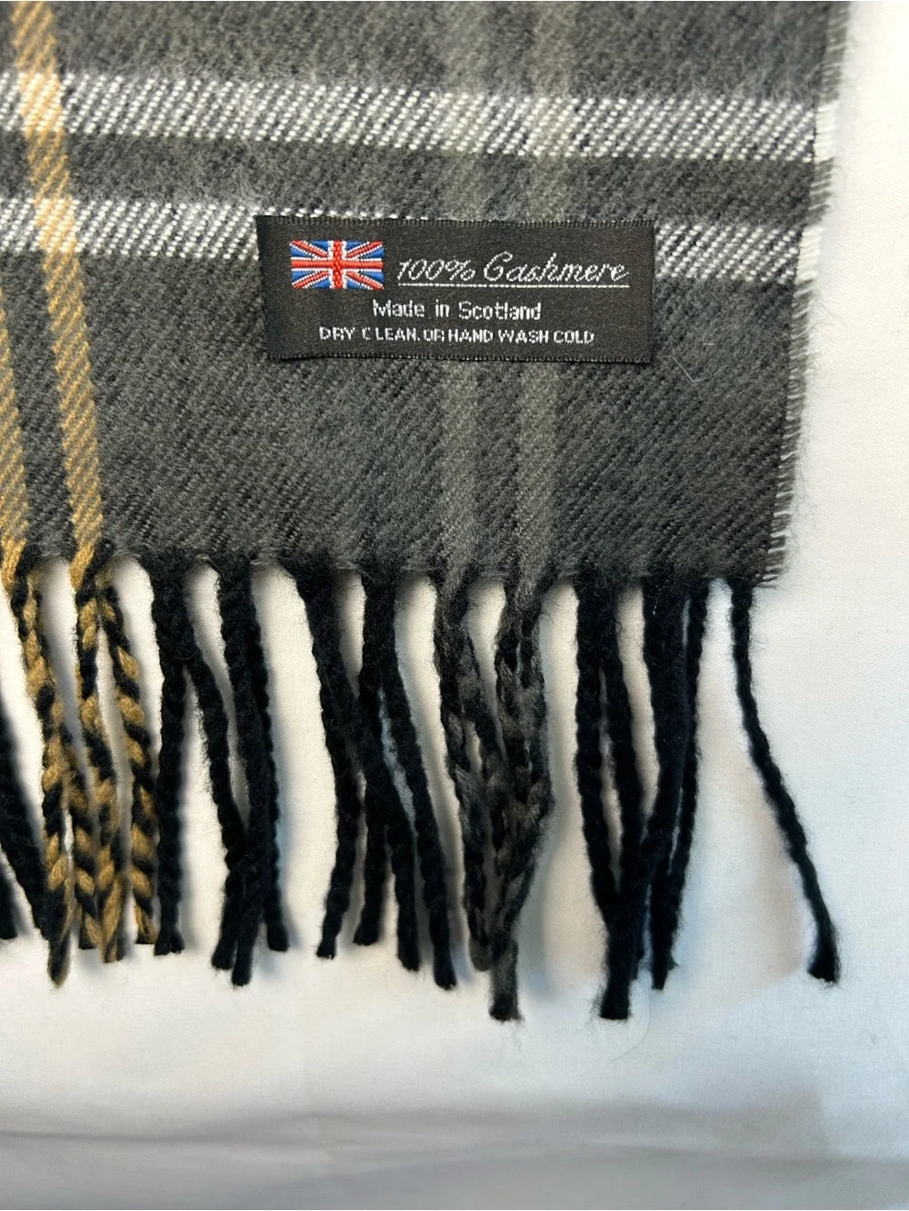 Scottish Made 100% Cashmere Scarf Gray, White Yellow Tartan Plaid
